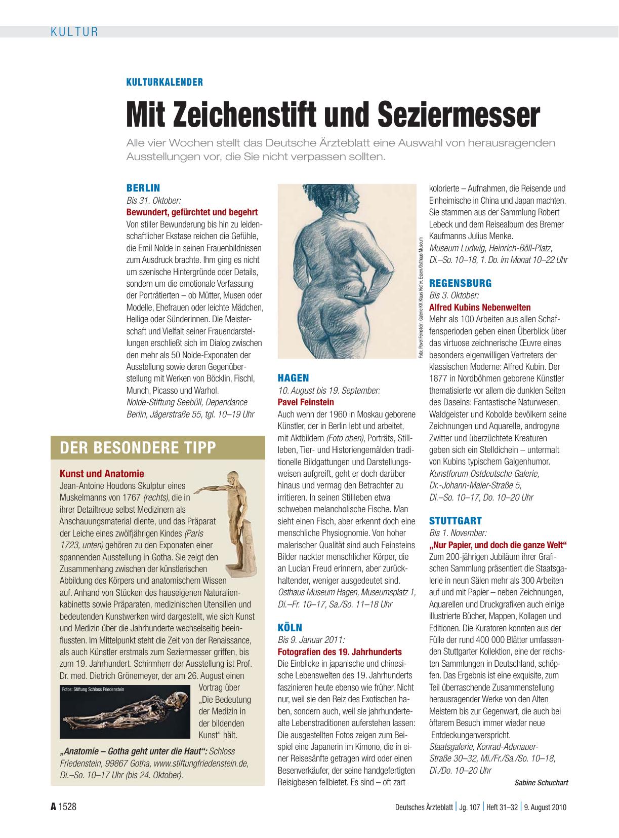 Vorschauseite 1: Kulturkalender: Mit Zeichenstift und Seziermesser