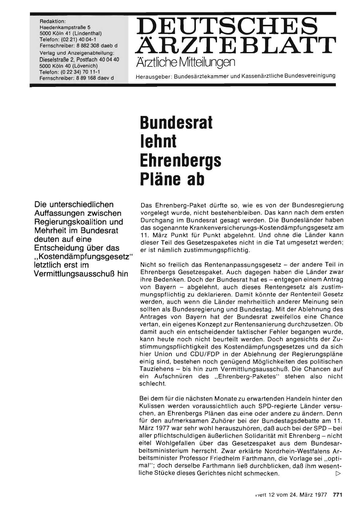 Vorschauseite 1: Bundesrat lehnt Ehrenbergs Pläne ab