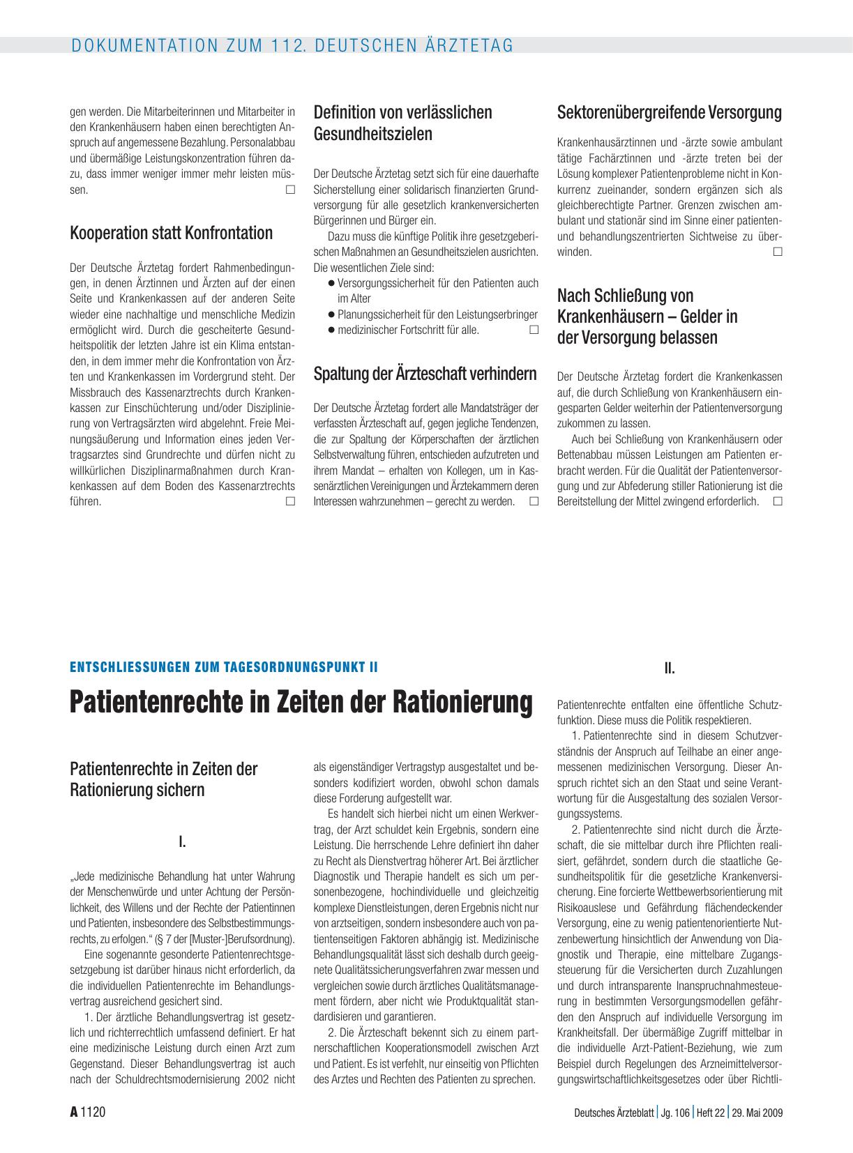 Vorschauseite 1: Entschliessungen zum Tagesordnungspunkt II: Patientenrechte in Zeiten der Rationierung
