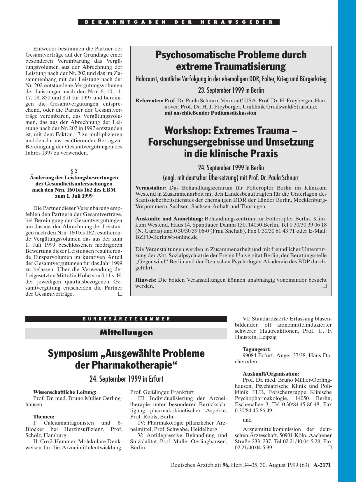 Vorschauseite 1: Symposium „Ausgewählte Probleme der Pharmakotherapie“ am 24. September 1999 in Erfurt