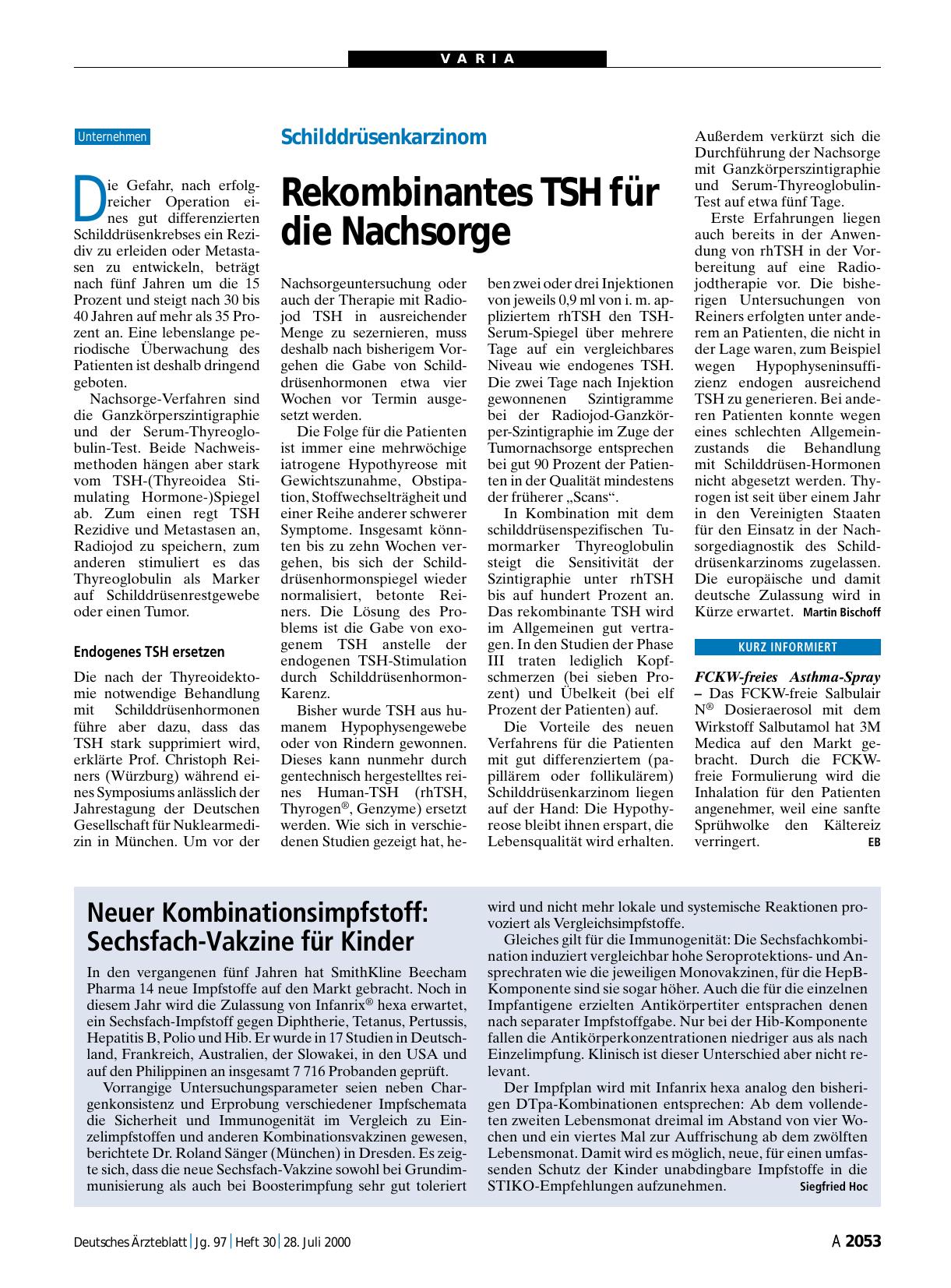 Vorschauseite 1: Schilddrüsenkarzinom: Rekombinantes TSH für die Nachsorge