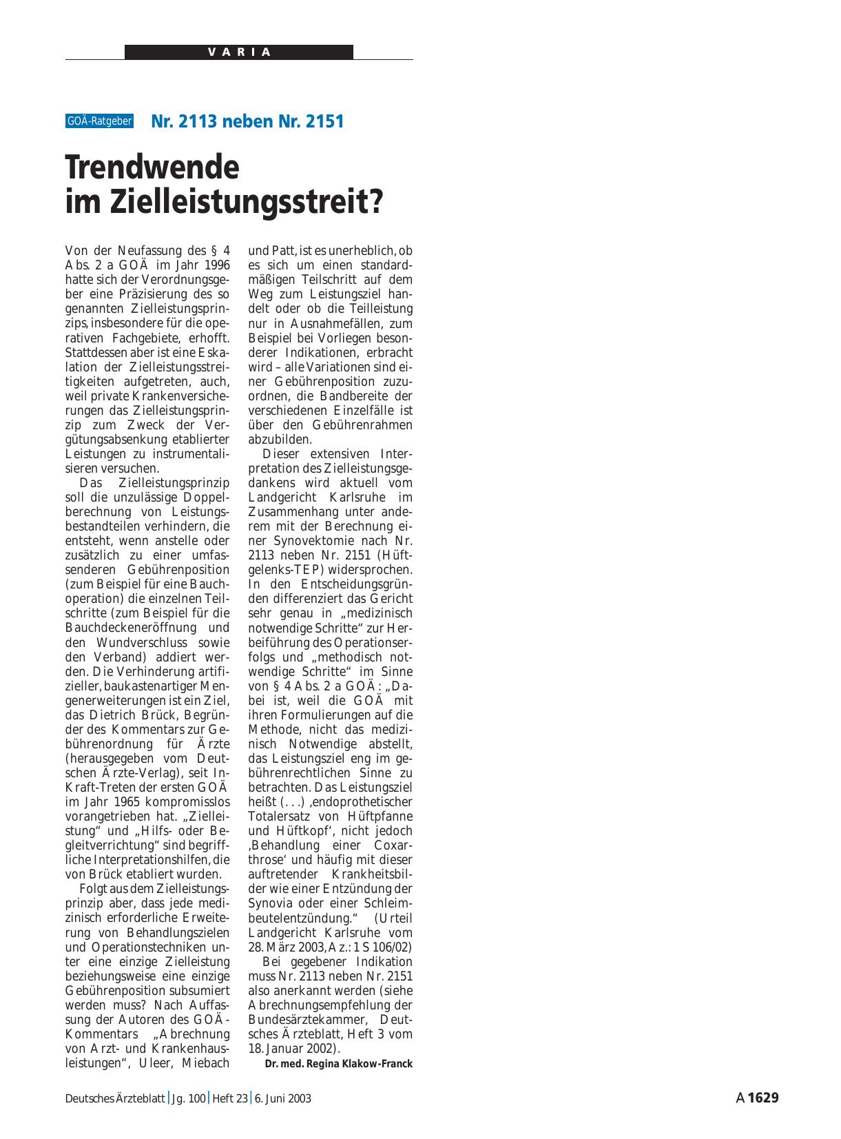 Vorschauseite 1: Nr. 2113 neben Nr. 2151: Trendwende im Zielleistungsstreit?