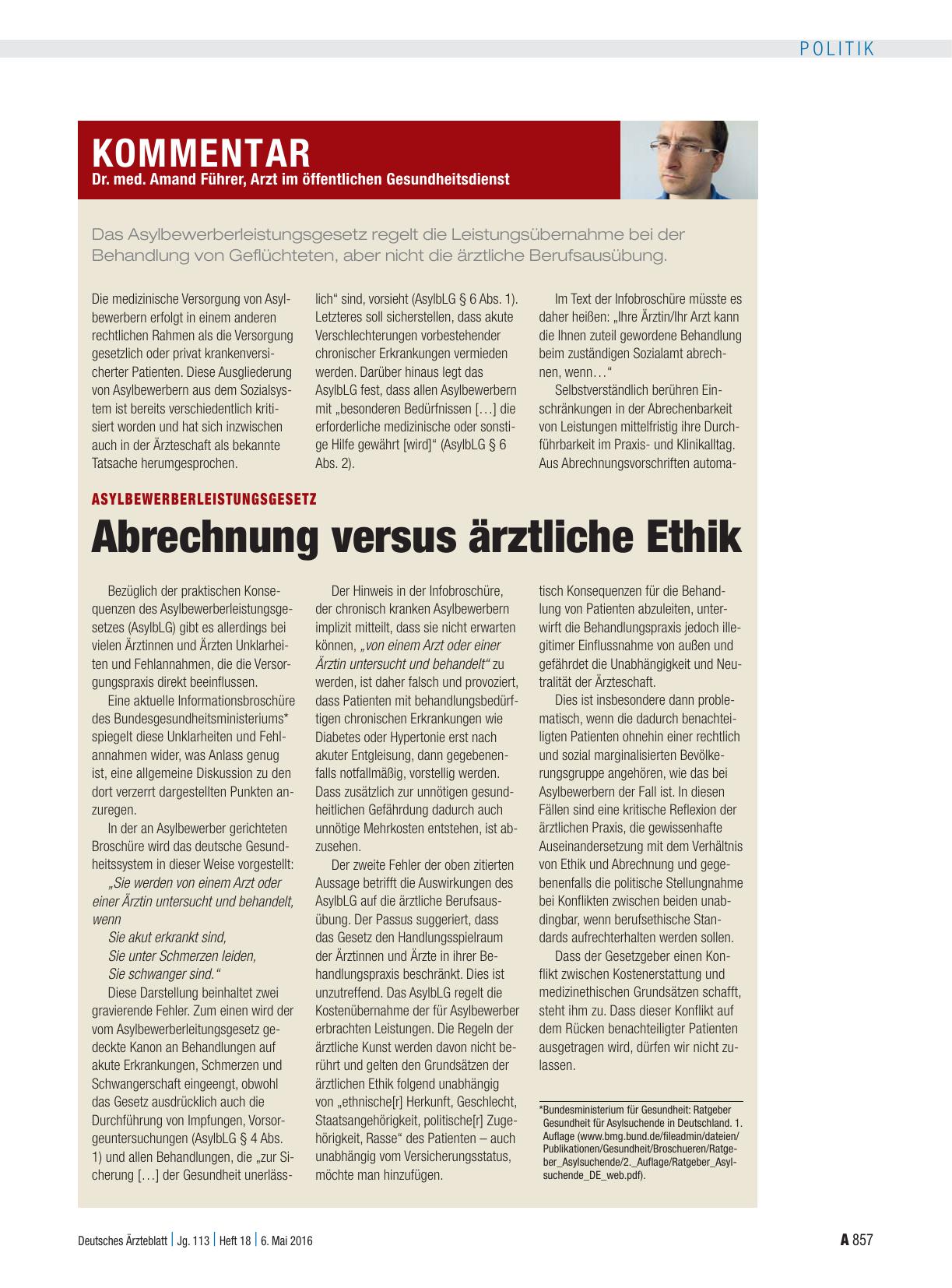 Vorschauseite 1: Asylbewerberleistungsgesetz: Abrechnung versus ärztliche Ethik