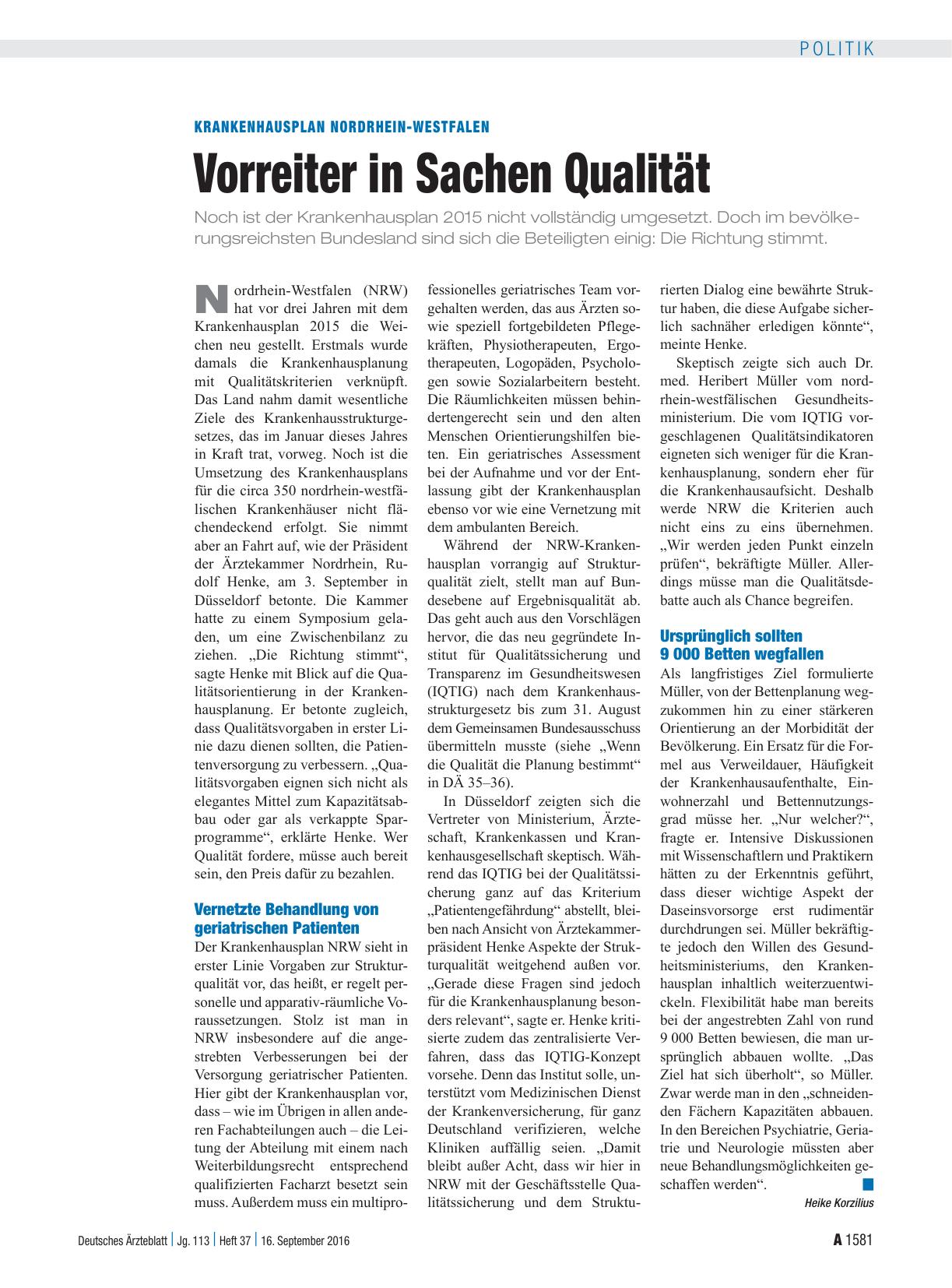 Vorschauseite 1: Krankenhausplan Nordrhein-Westfalen: Vorreiter in Sachen Qualität