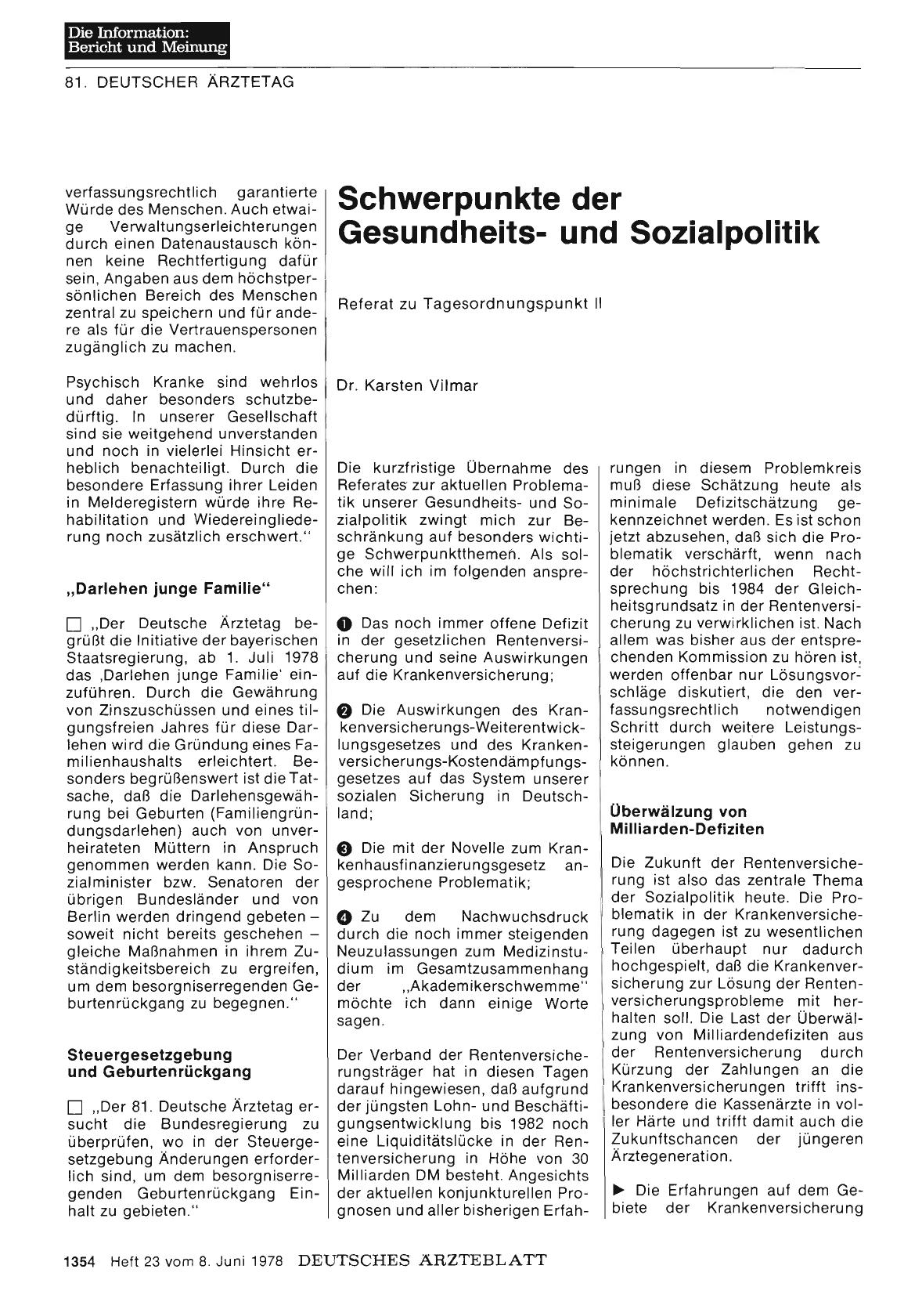 Vorschauseite 1: Schwerpunkte der Gesundheitsund Sozialpolitik: Referat zu Tagesordnungspunkt II