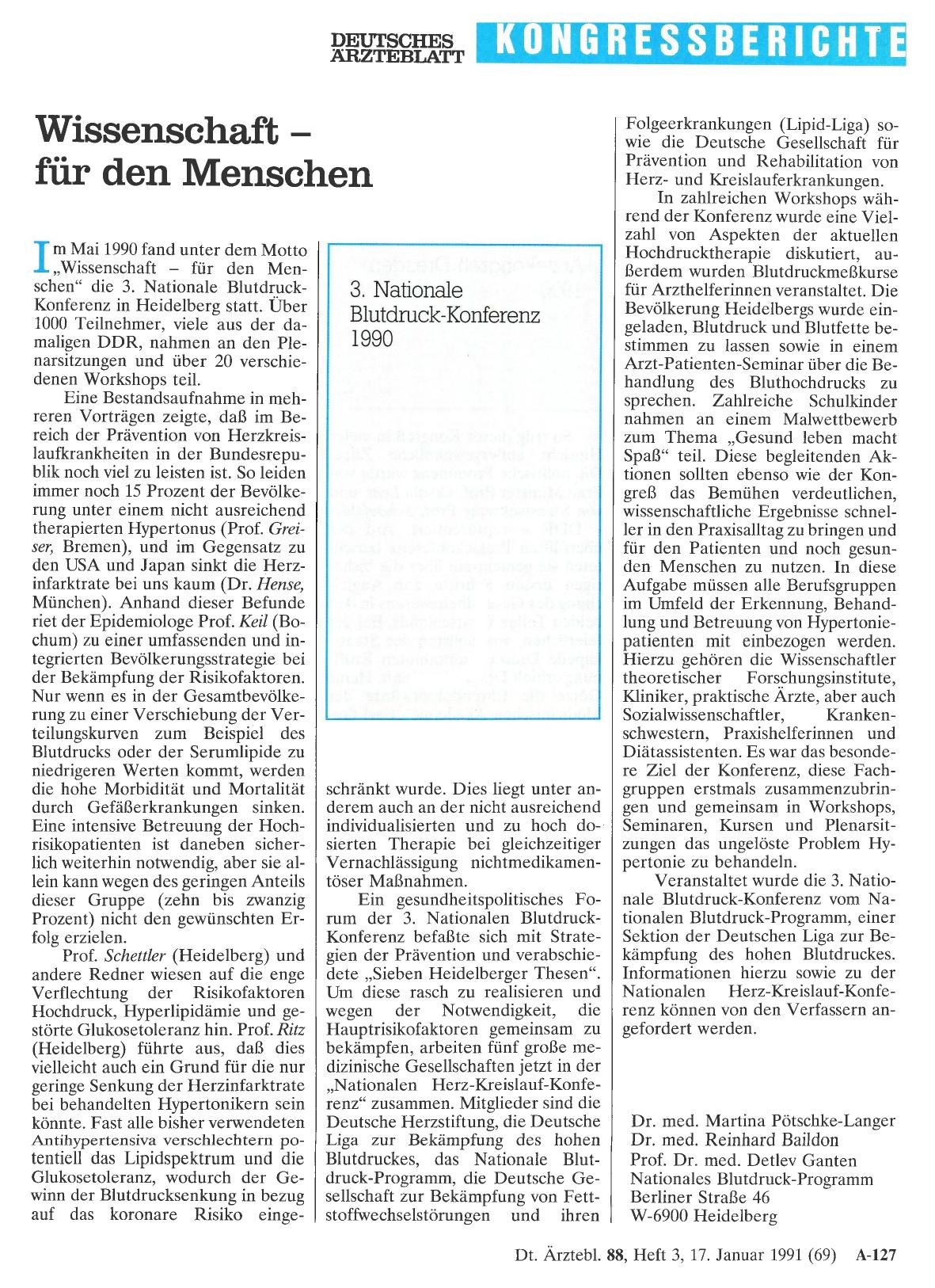 Vorschauseite 1: Wissenschaft - für den Menschen: 3. Nationale Blutdruck-Konferenz 1990