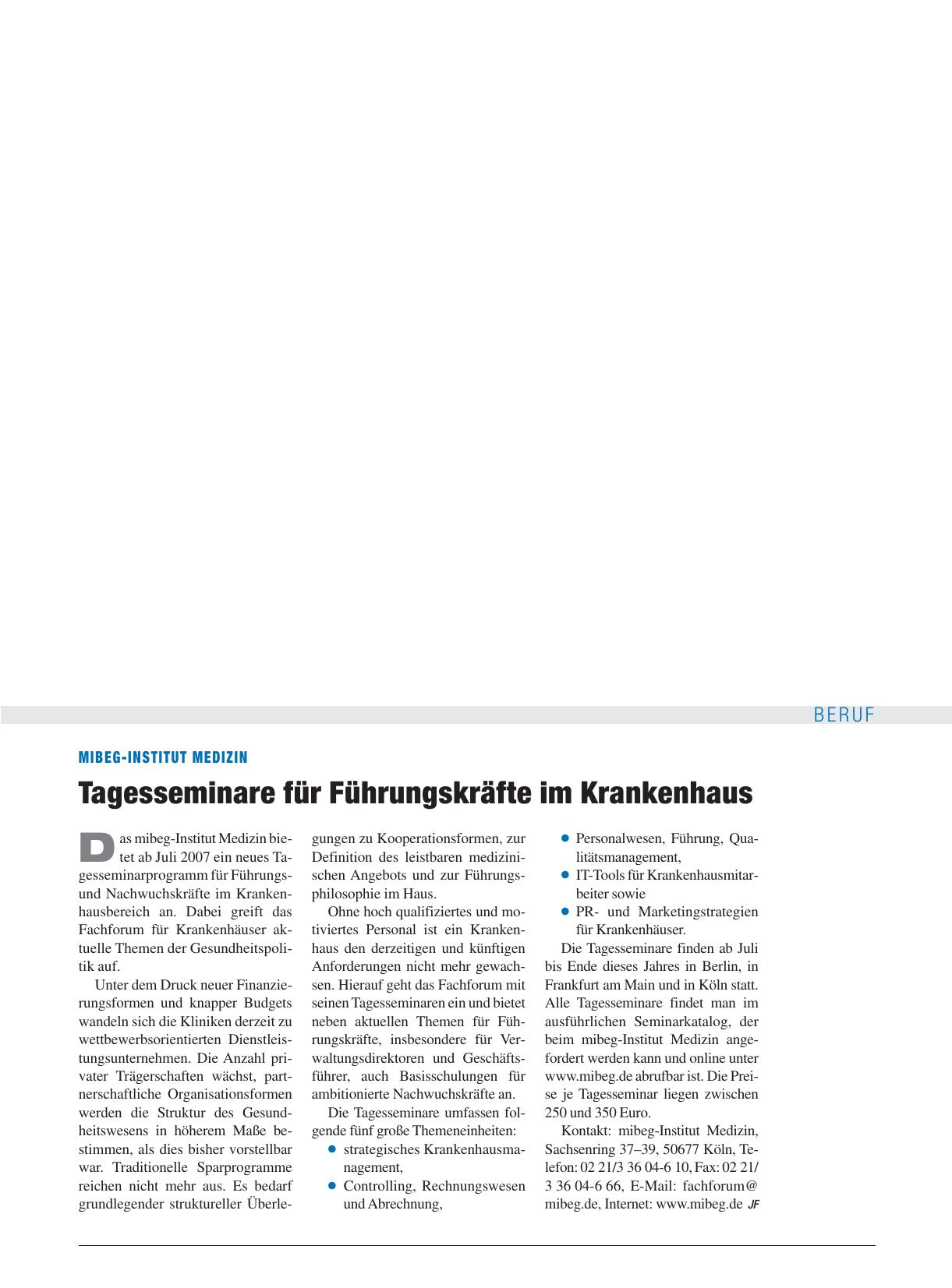 Vorschauseite 1: mibeg-Institut Medizin: Tagesseminare für Führungskräfte im Krankenhaus