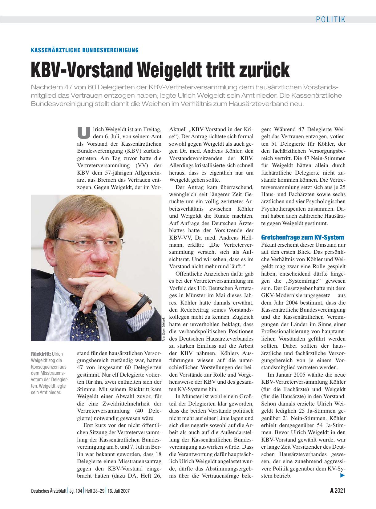 Vorschauseite 1: Kassenärztliche Bundesvereinigung: KBV-Vorstand Weigeldt tritt zurück