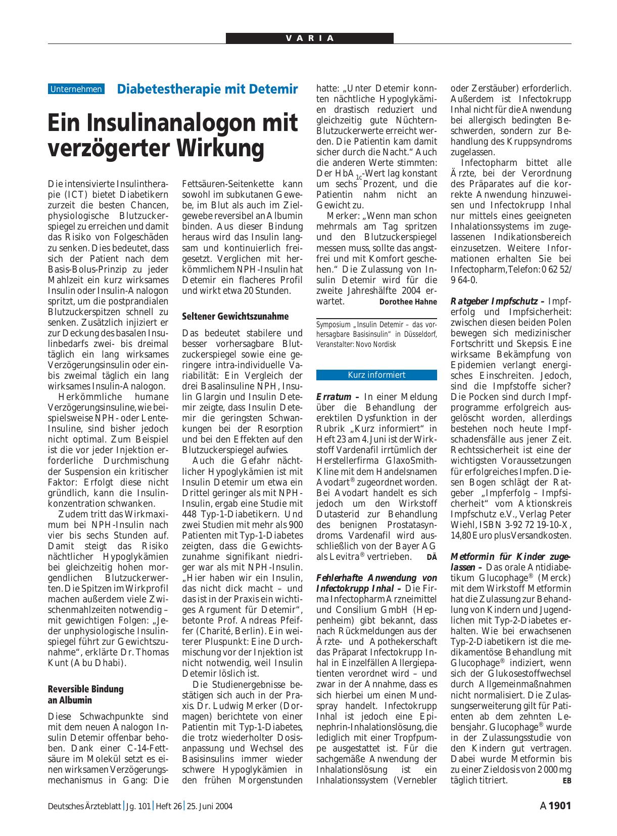 Vorschauseite 1: Diabetestherapie mit Detemir: Ein Insulinanalogon mit verzögerter Wirkung