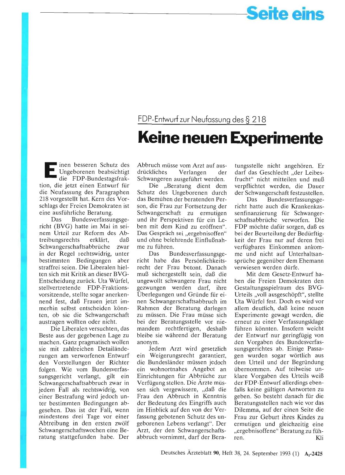 Vorschauseite 1: FDP-Entwurf zur Neufassung des § 218: Keine neuen Experimente
