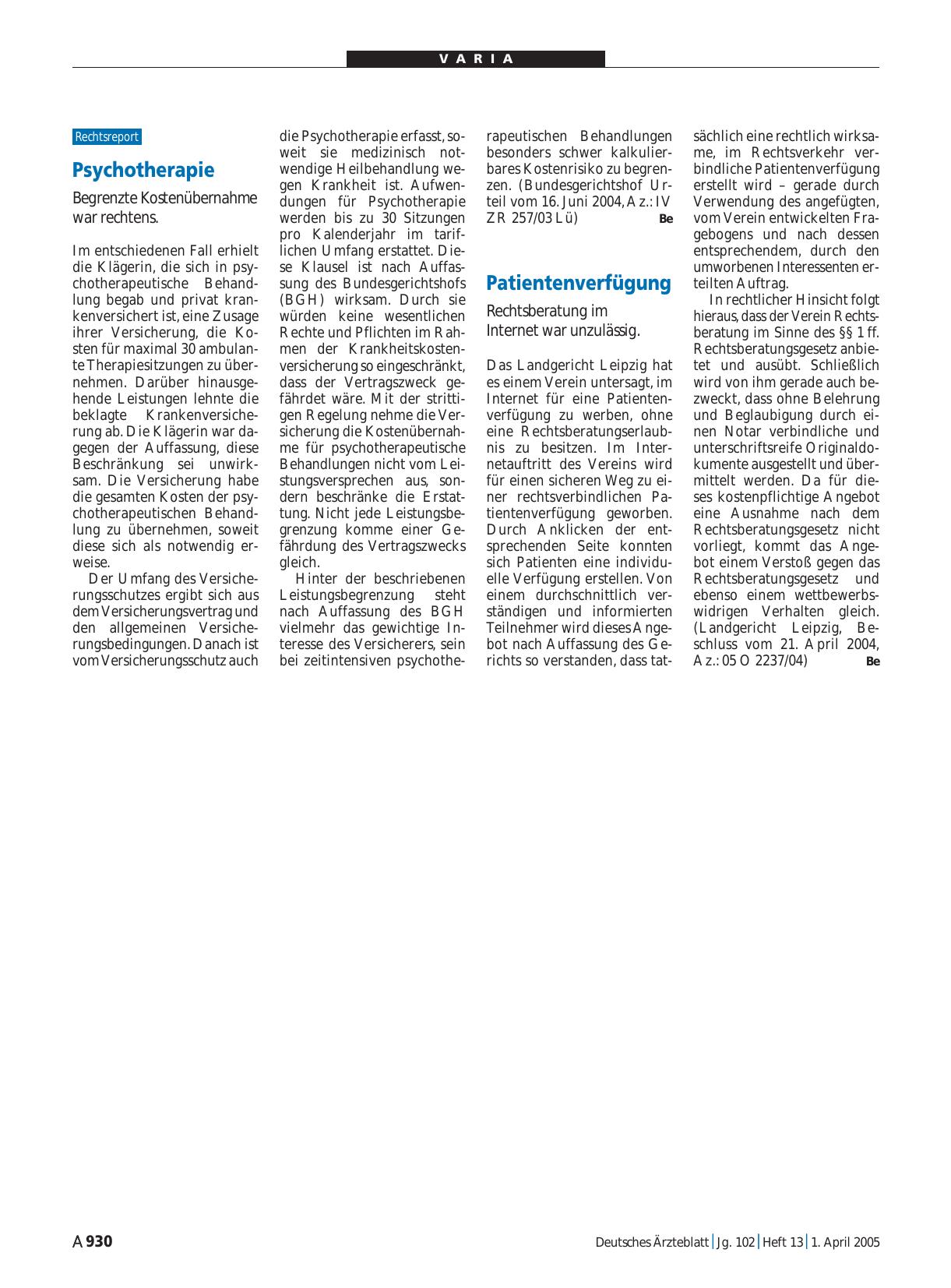 Vorschauseite 1: Patientenverfügung: Rechtsberatung im Internet war unzulässig.