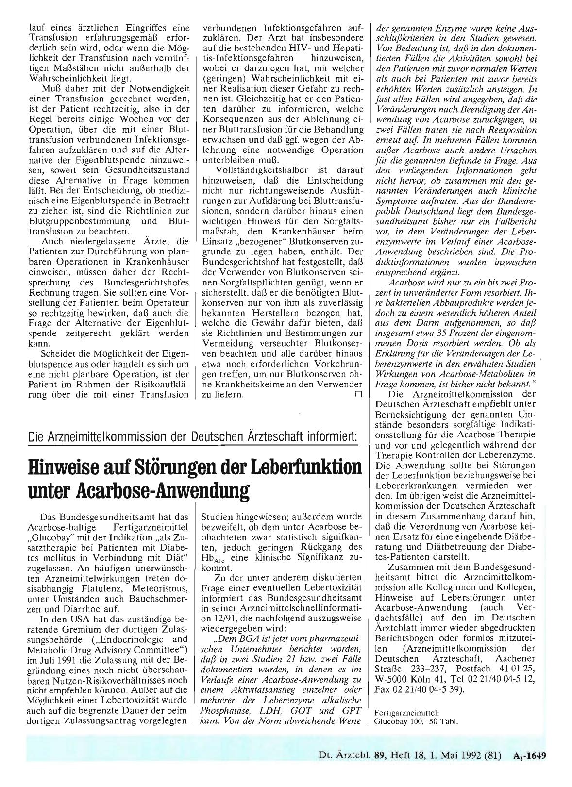 Vorschauseite 1: Die Arzneimittelkommission der Deutschen Ärzteschaft informiert: Hinweise auf Störungen der Leberfunktion unter Acarbose-Anwendung