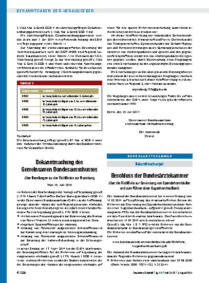 Vorschauseite 1: Beschluss der Bundesärztekammer über die Richtlinie zur Gewinnung von Spenderhornhäuten und zum Führen einer Augenhornhautbank