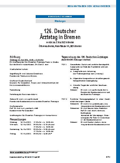 Vorschauseite 1: 126. Deutscher Ärztetag in Bremen vom 24. bis 27. Mai 2022 in Bremen ÖVB-Arena Bremen, Findorffstraße 101, 28215 Bremen