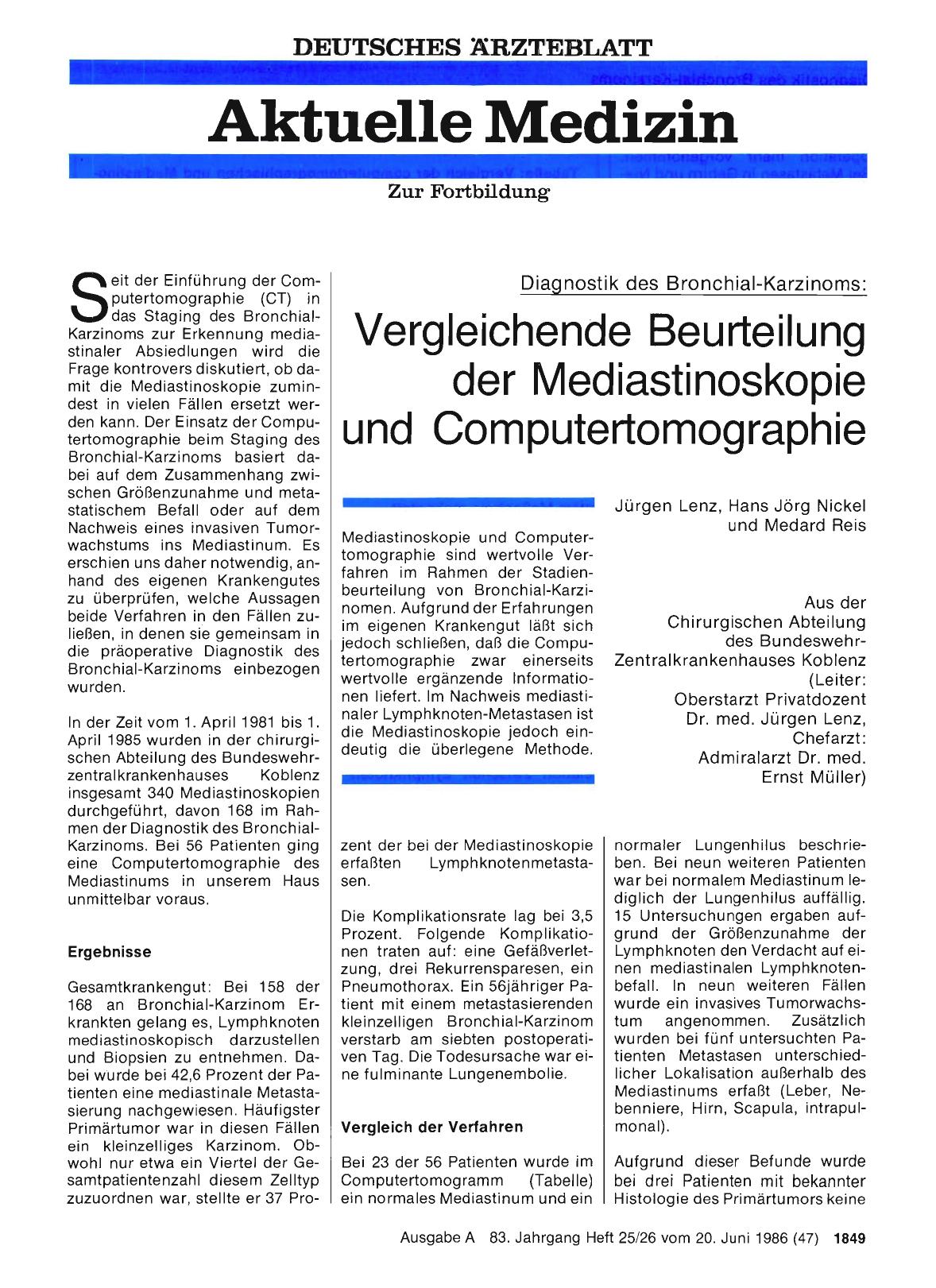 Vorschauseite 1: Diagnostik des Bronchial-Karzinoms: Vergleichende Beurteilung der Mediastinoskopie und Computertomographie