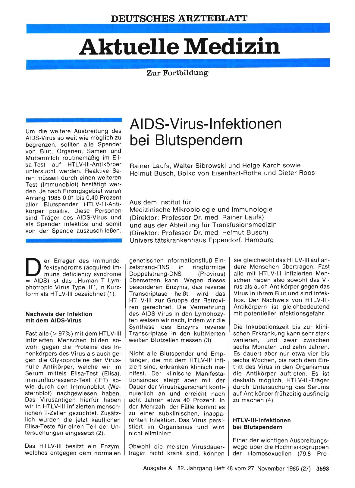 Vorschauseite 1: AIDS-Virus-Infektionen bei Blutspendern
