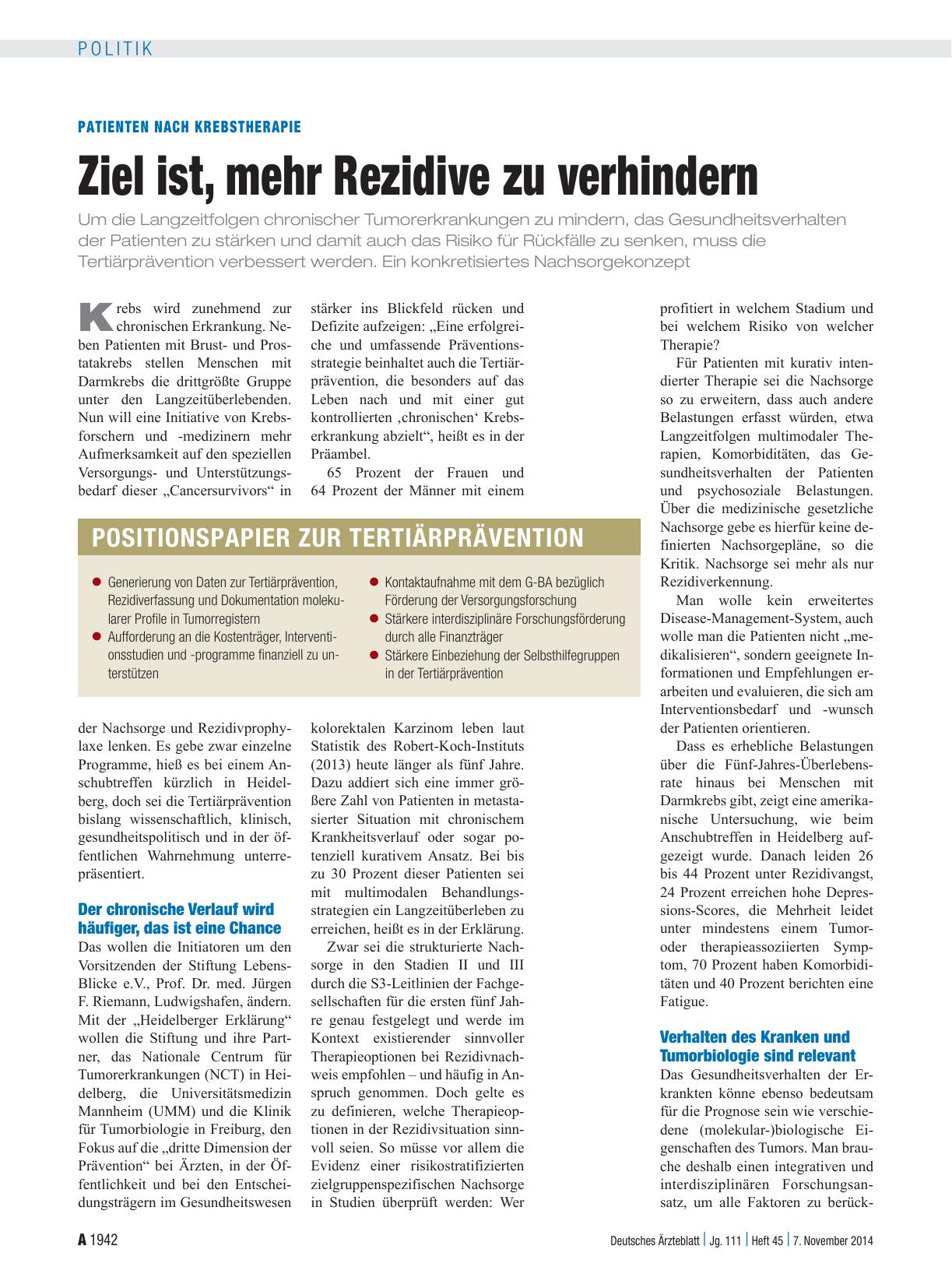 Vorschauseite 1: Patienten nach Krebstherapie: Ziel ist, mehr Rezidive zu verhindern