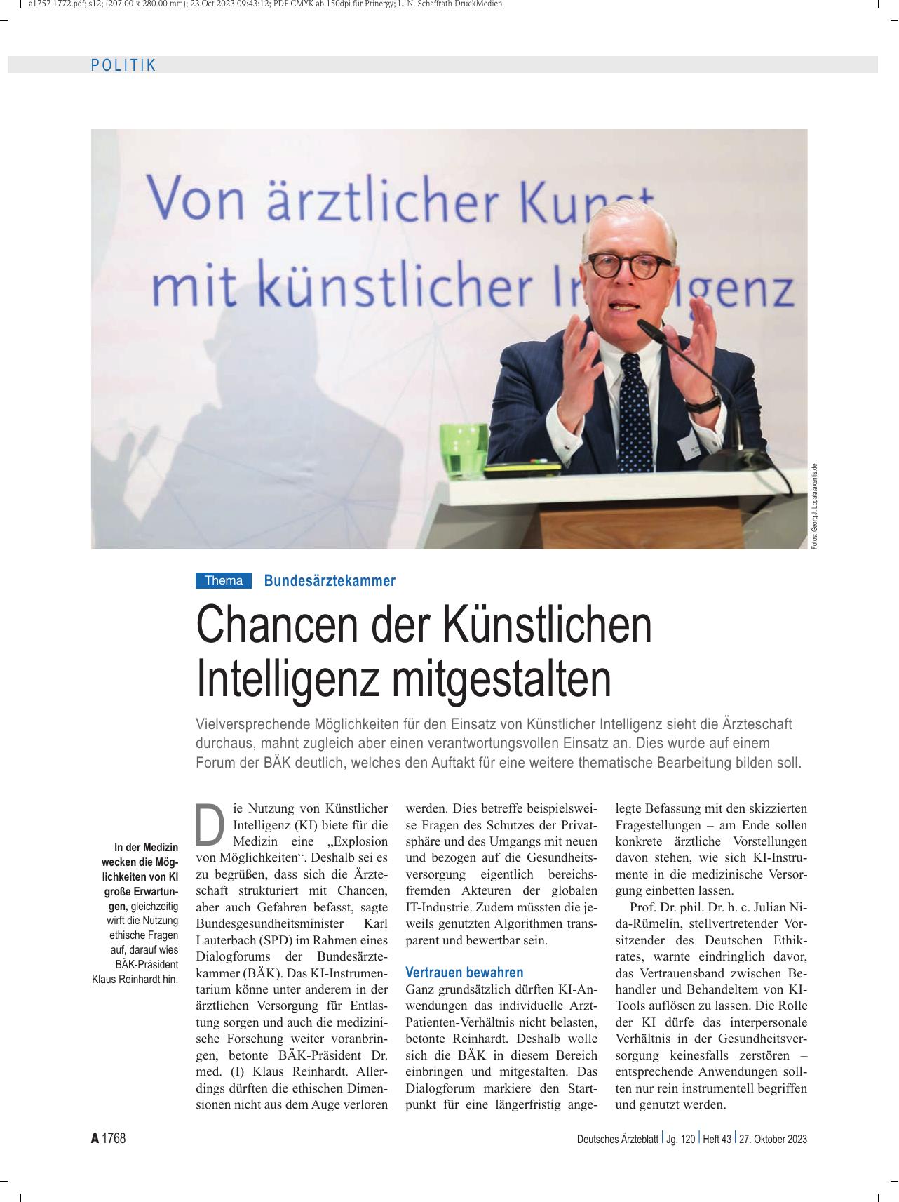 Vorschauseite 1: Bundesärztekammer: Chancen der Künstlichen Intelligenz mitgestalten