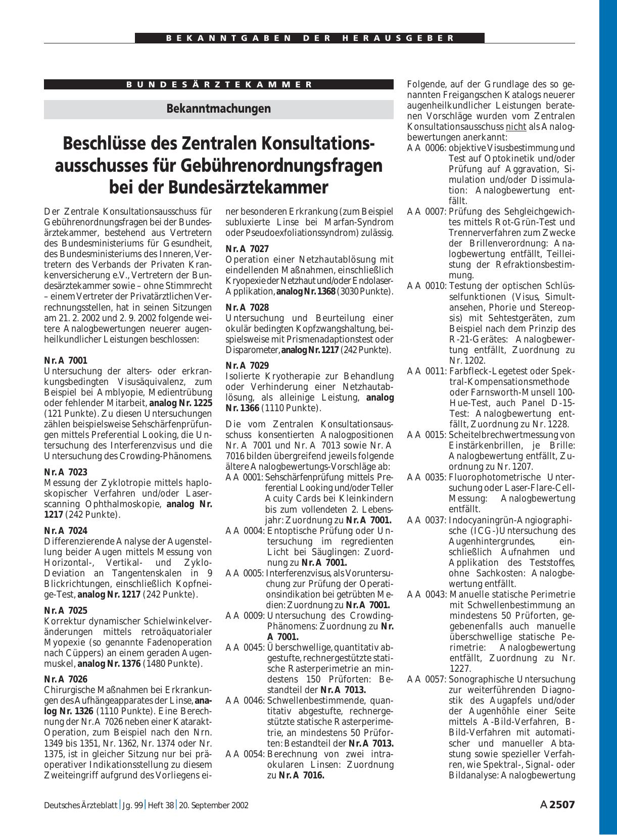 Vorschauseite 1: Bekanntmachungen: Beschlüsse des Zentralen Konsultationsausschusses für Gebührenordnungsfragen bei der Bundesärztekammer