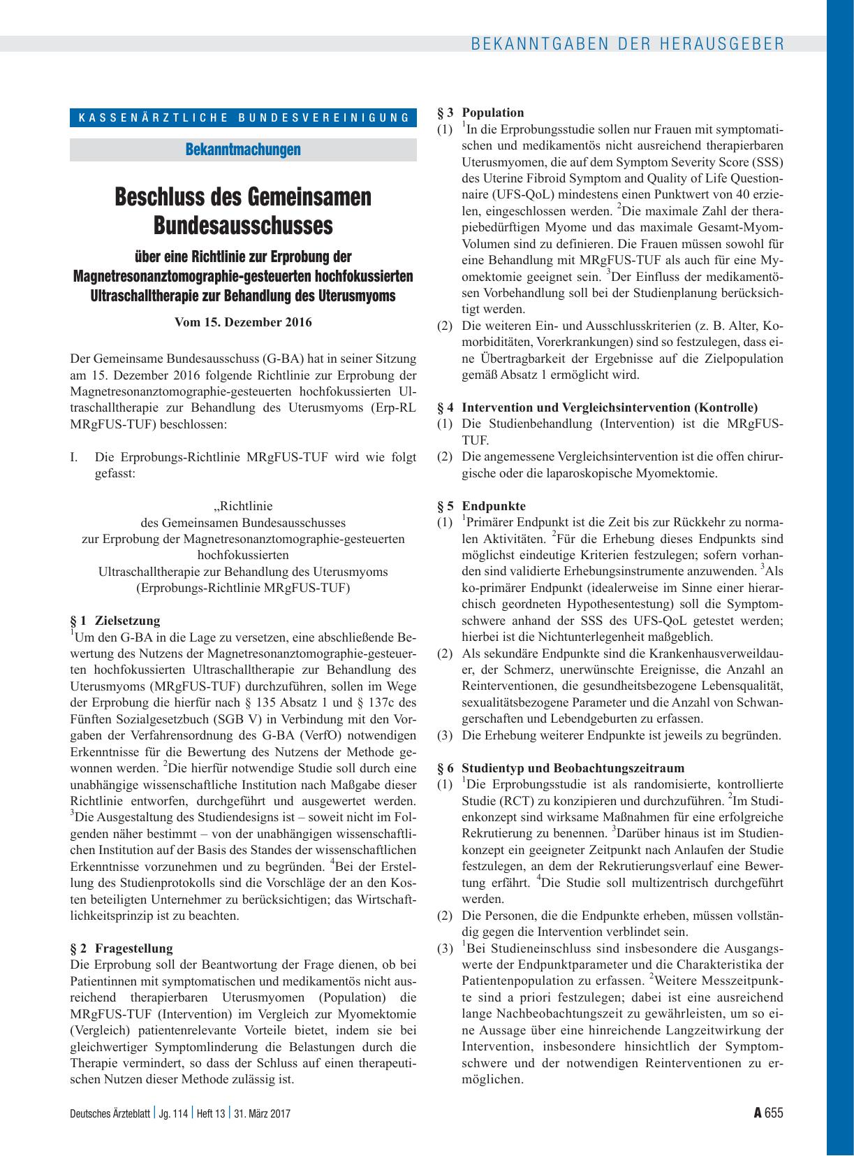 Vorschauseite 1: Beschluss des Gemeinsamen Bundesausschusses über eine Richtlinie zur Erprobung der Magnetresonanztomographie-gesteuerten hochfokussierten Ultraschalltherapie zur Behandlung des Ut…