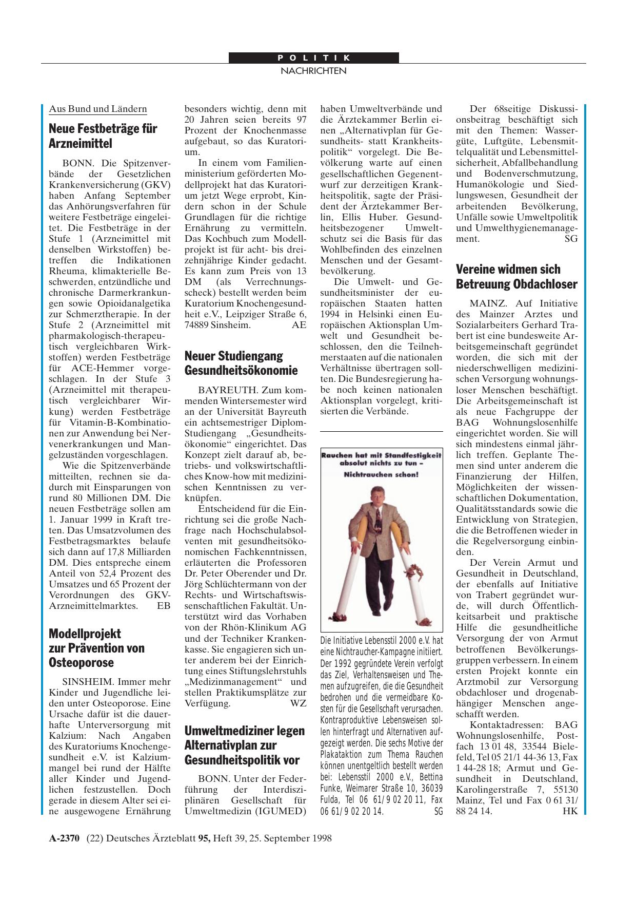 Vorschauseite 1: Die Initiative Lebensstil 2000 e. V. hat eine Nichtraucher-Kampagne initiiert