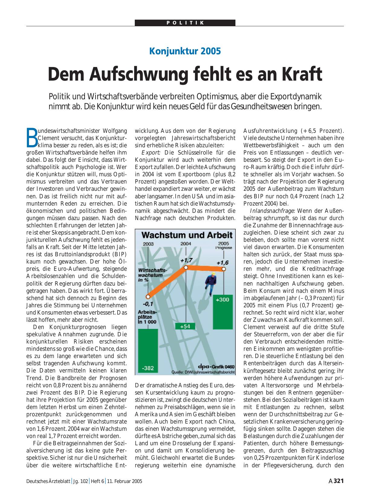 Vorschauseite 1: Konjunktur 2005: Dem Aufschwung fehlt es an Kraft