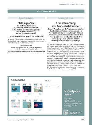 Vorschauseite 1: Stellungnahme der Zentralen Kommission zur Wahrung ethischer Grundsätze in der Medizin und ihren Grenzgebieten (Zentrale Ethikkommission) bei der Bundesärztekammer „Planetary Heal…
