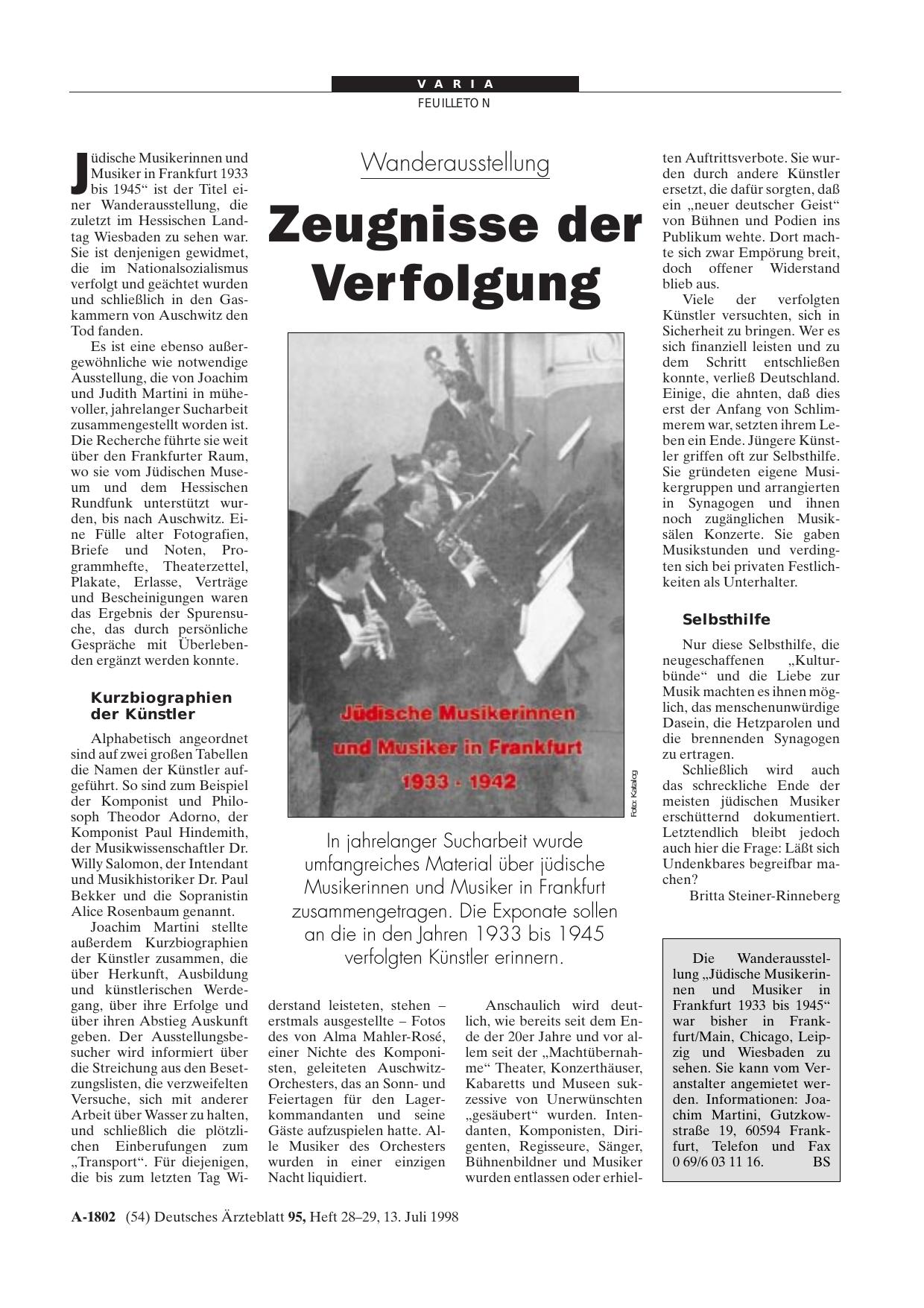 Vorschauseite 1: Die Wanderausstellung: „Jüdische Musikerinnen und Musiker in Frankfurt 1933 bis 1945“