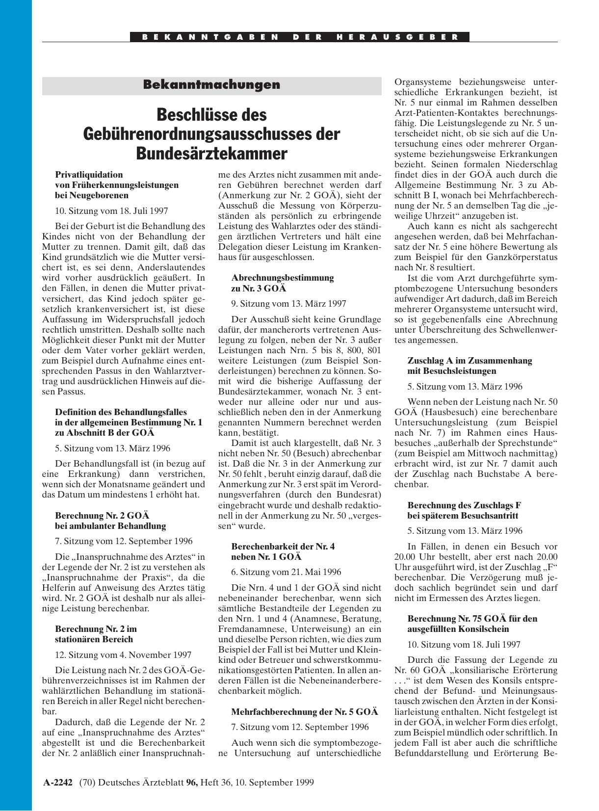 Vorschauseite 1: Beschlüsse des Gebührenordnungsausschusses der Bundesärztekammer