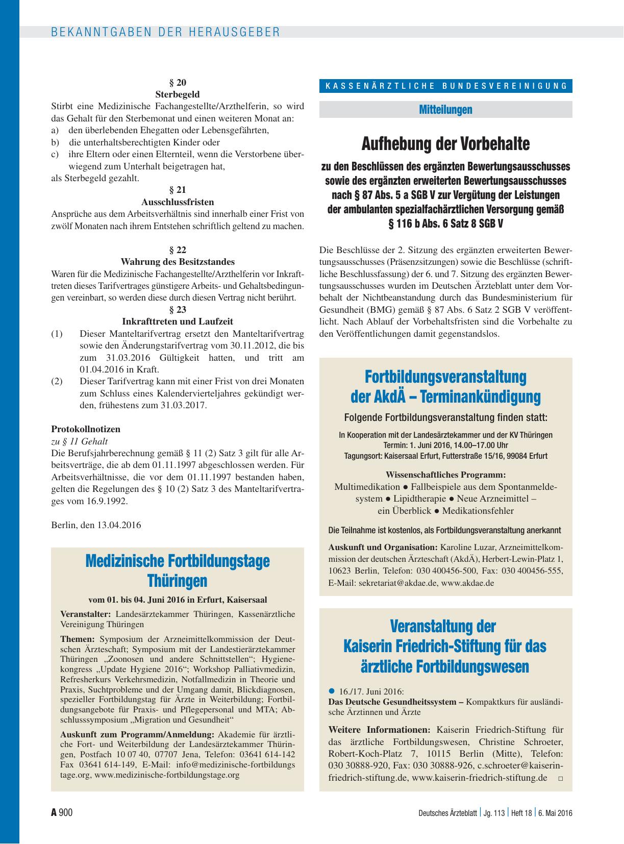 Vorschauseite 1: Aufhebung der Vorbehalte zu den Beschlüssen des ergänzten Bewertungsausschusses sowie des ergänzten erweiterten Bewertungsausschusses nach § 87 Abs. 5 a SGB V zur Vergütung der Le…