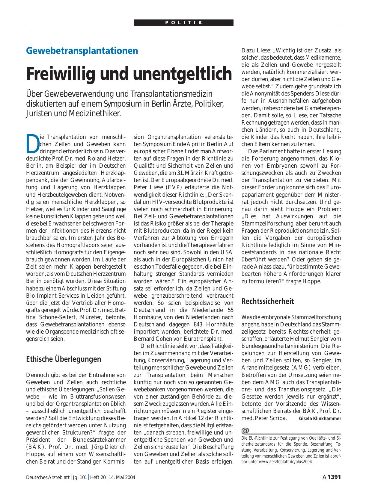 Vorschauseite 1: Gewebetransplantationen: Freiwillig und unentgeltlich