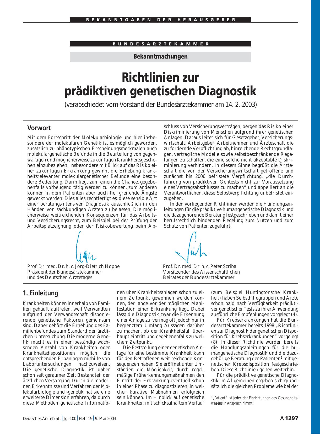 Vorschauseite 1: Bekanntmachungen: Richtlinien zur prädiktiven genetischen Diagnostik