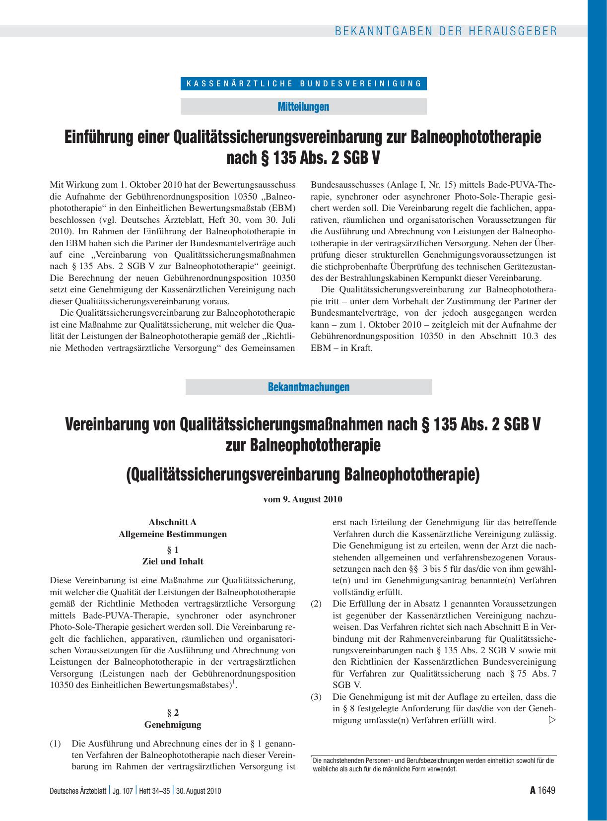Vorschauseite 1: Einführung einer Qualitätssicherungsvereinbarung zur Balneophototherapie nach § 135 Abs. 2 SGB V