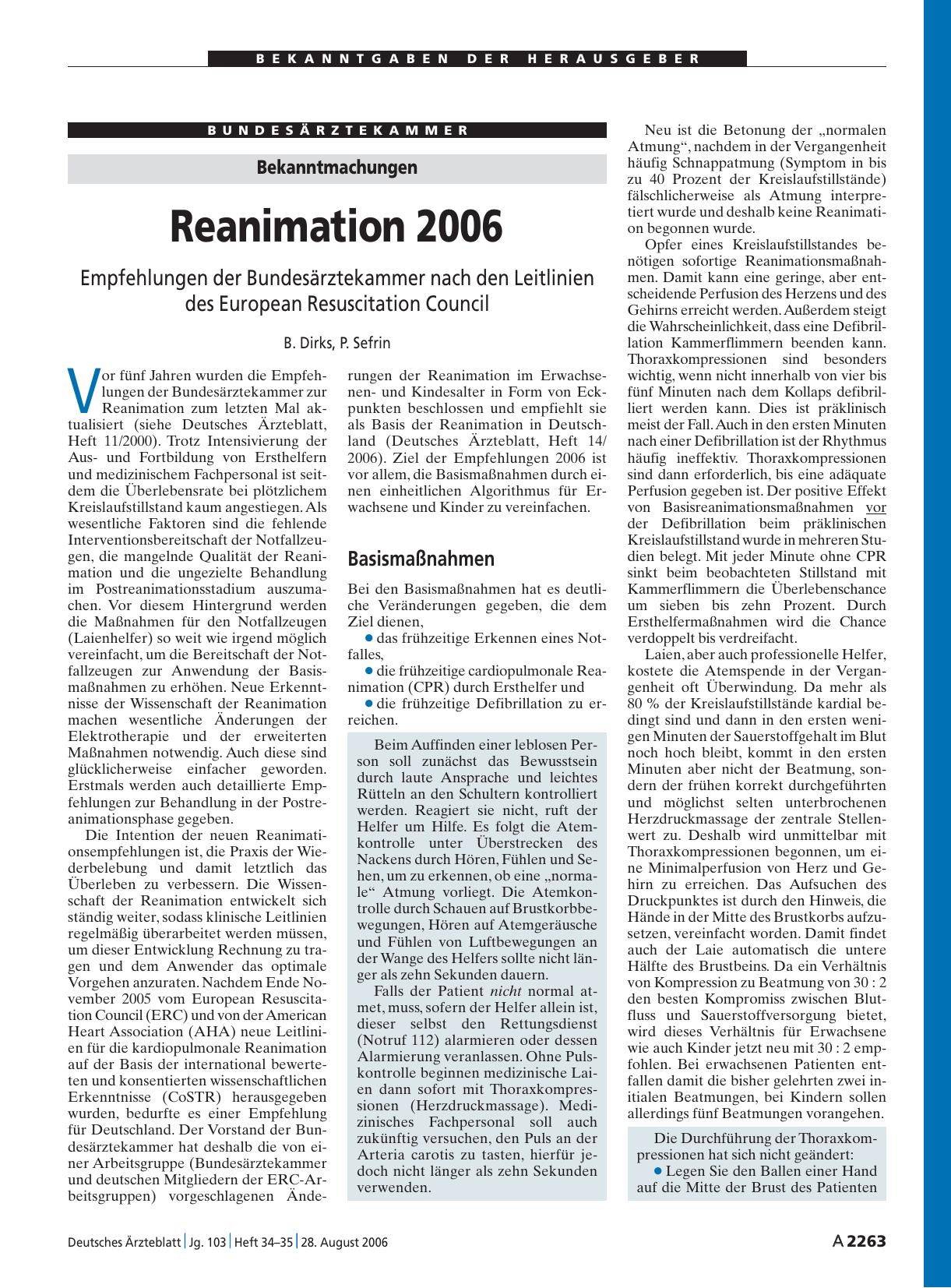 Vorschauseite 1: Bekanntmachungen: Reanimation 2006 – Empfehlungen der Bundesärztekammer nach den Leitlinien des European Resuscitation Council