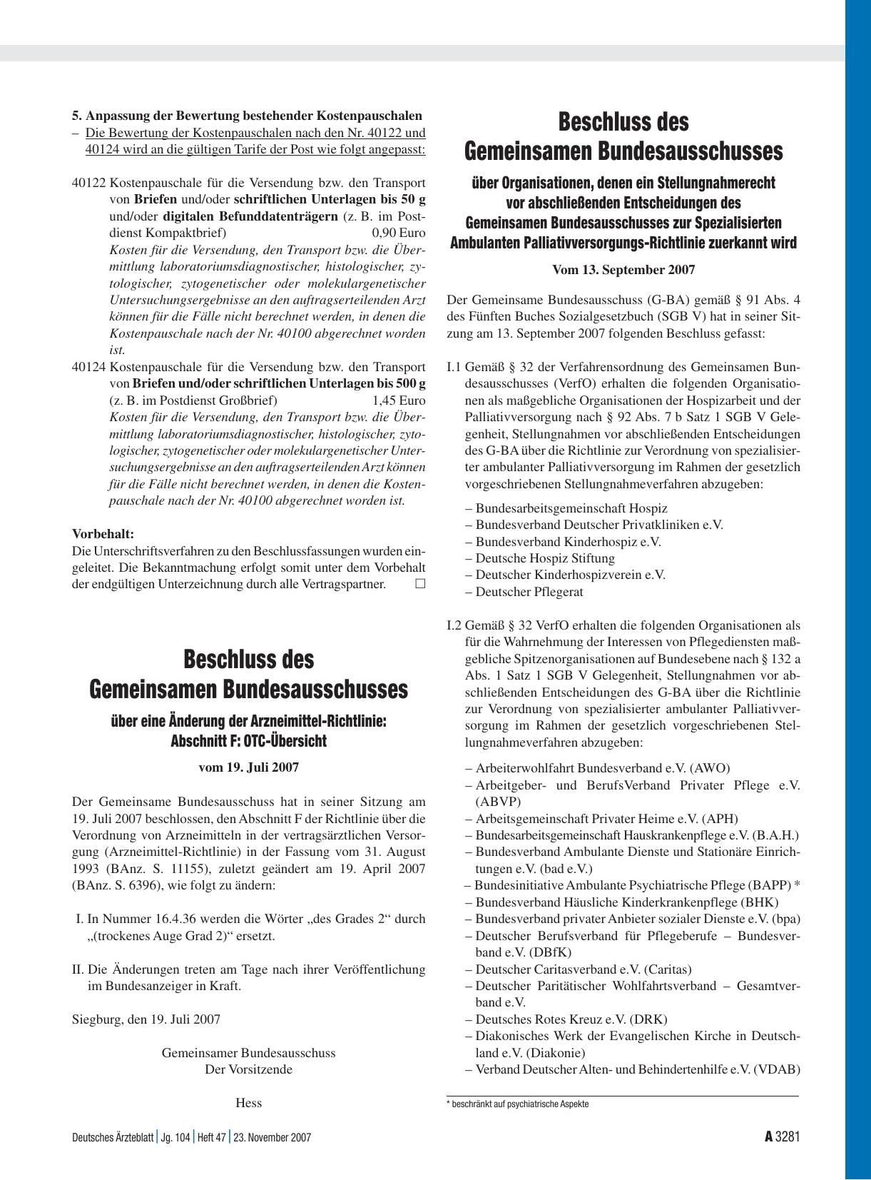 Vorschauseite 1: Bekanntmachungen: Beschluss des Gemeinsamen Bundesausschusses über Organisationen, denen ein Stellungnahmerecht vor abschließenden Entscheidungen des Gemeinsamen Bundesausschusses…