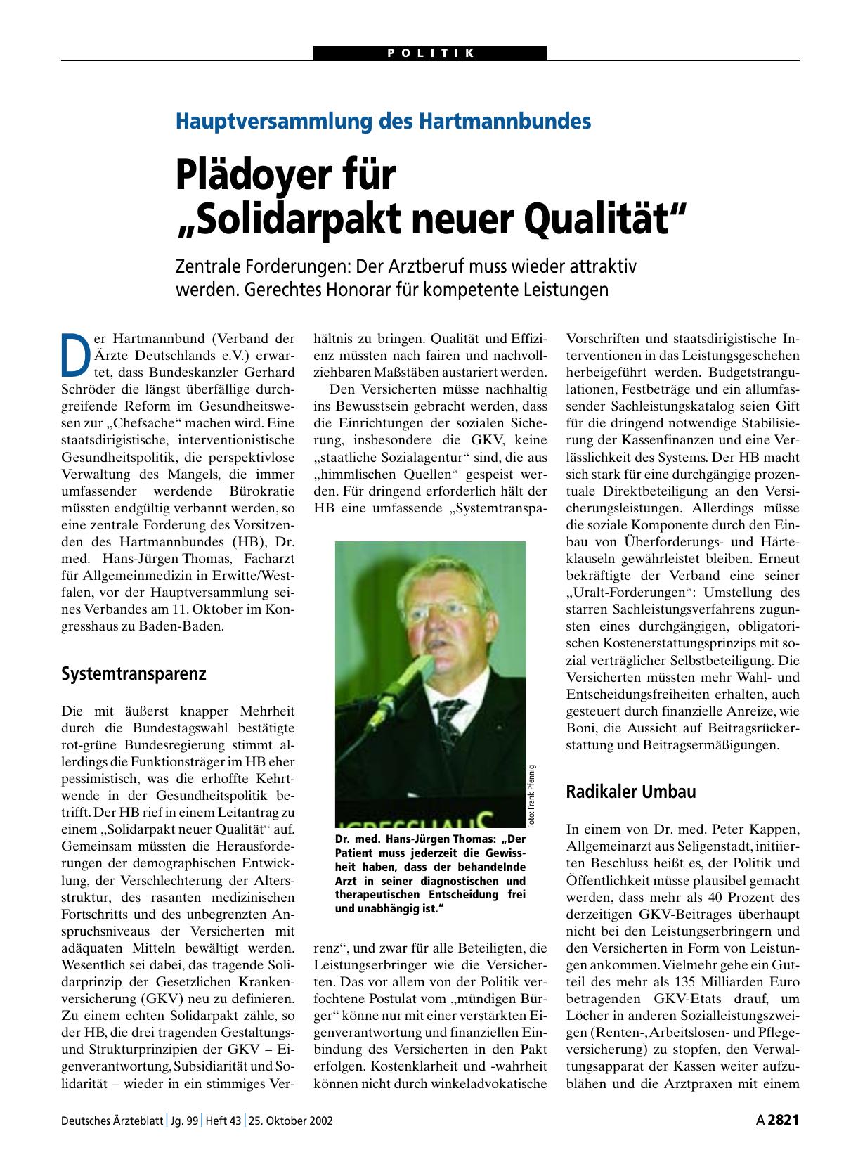 Vorschauseite 1: Hauptversammlung des Hartmannbundes: Plädoyer für „Solidarpakt neuer Qualität“