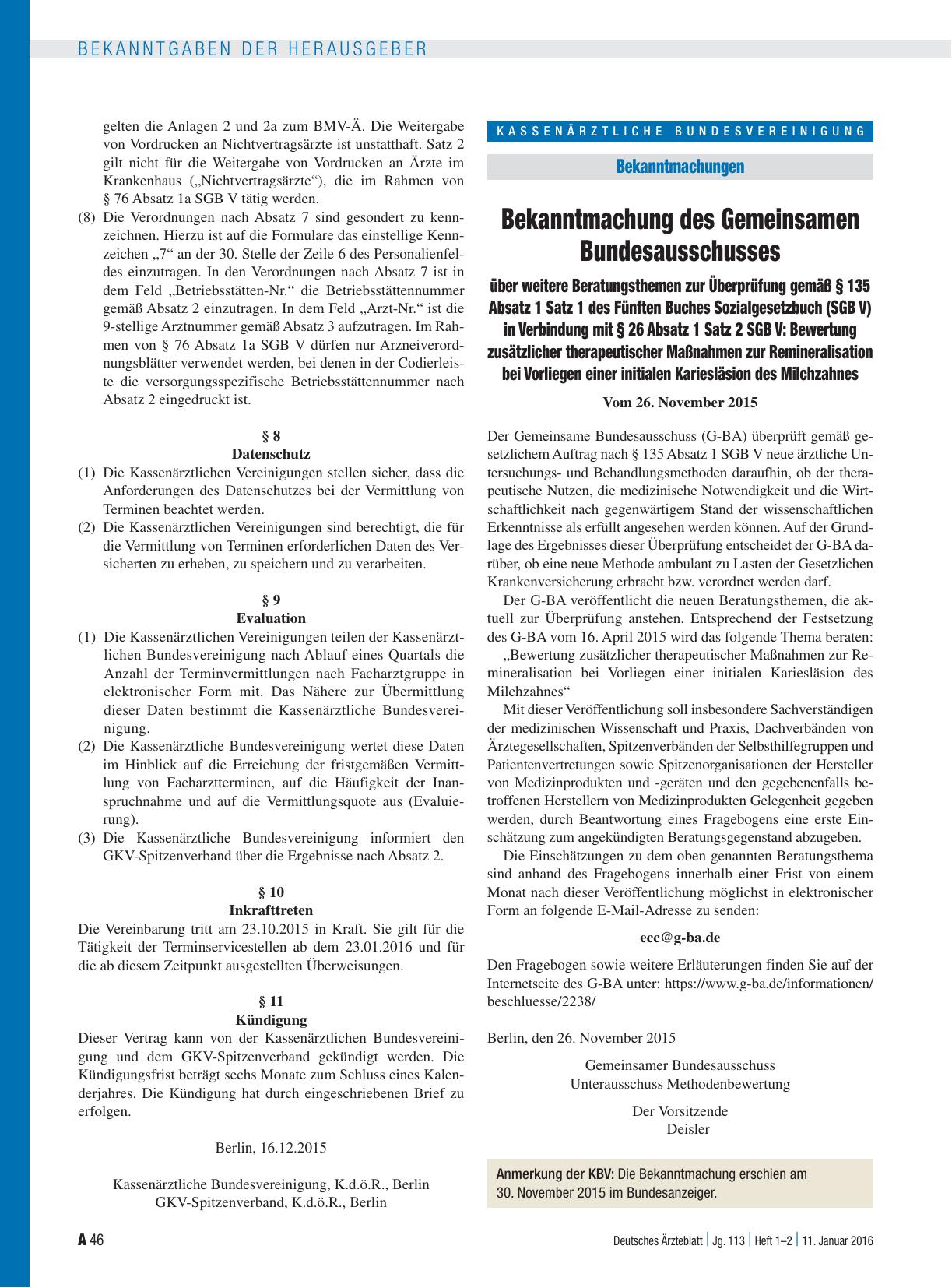 Vorschauseite 1: Bekanntmachung des Gemeinsamen Bundesausschusses über weitere Beratungsthemen zur Überprüfung gemäß § 135 Absatz 1 Satz 1 des Fünften Buches Sozialgesetzbuch (SGB V) in Verbindung…