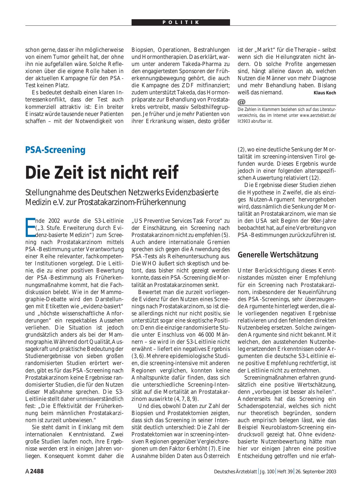 Vorschauseite 1: PSA-Screening: Die Zeit ist nicht reif
