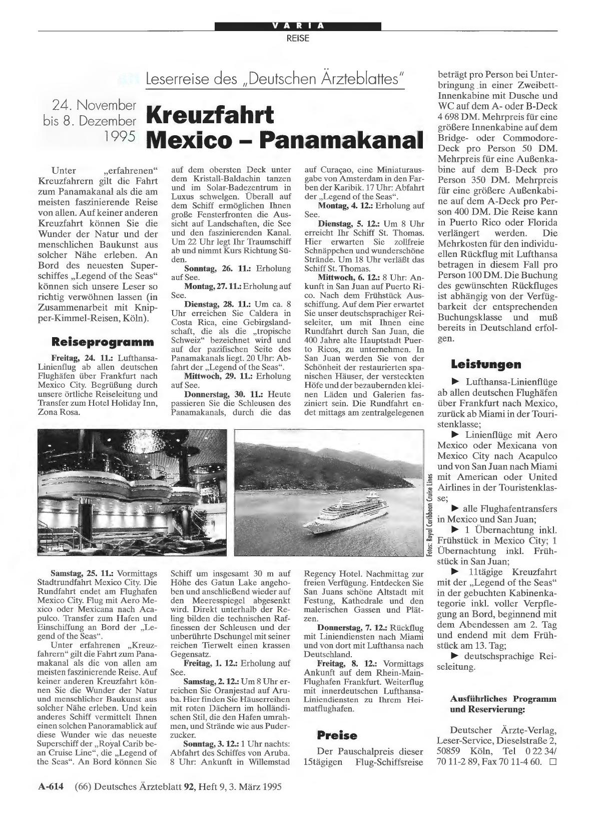 Vorschauseite 1: Leserreise des „Deutschen Ärzteblattes“: Kreuzfahrt Mexico - Panamakanal
