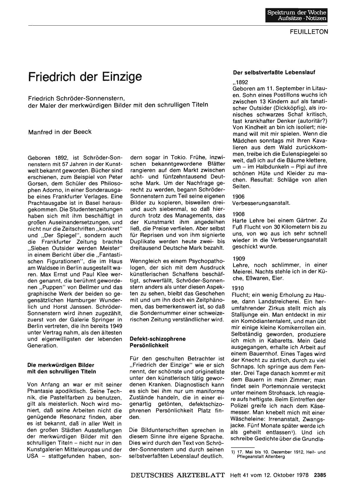 Vorschauseite 1: Friedrich der Einzige: Friedrich Schröder-Sonnenstern, der Maler der merkwürdigen Bilder mit den schrulligen Titeln