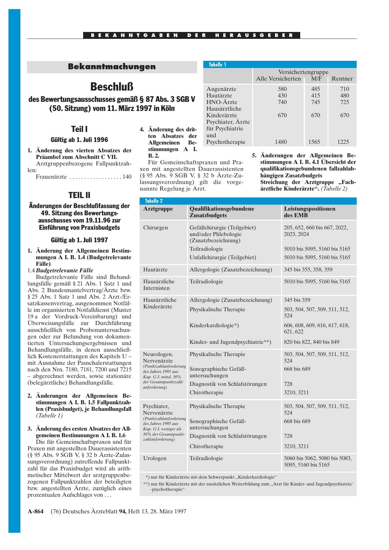 Vorschauseite 1: Bekanntmachungen: Beschluß des Bewertungsausschusses gemäß § 87 Abs. 3 SGB V (50. Sitzung) vom 11. März 1997 in Köln