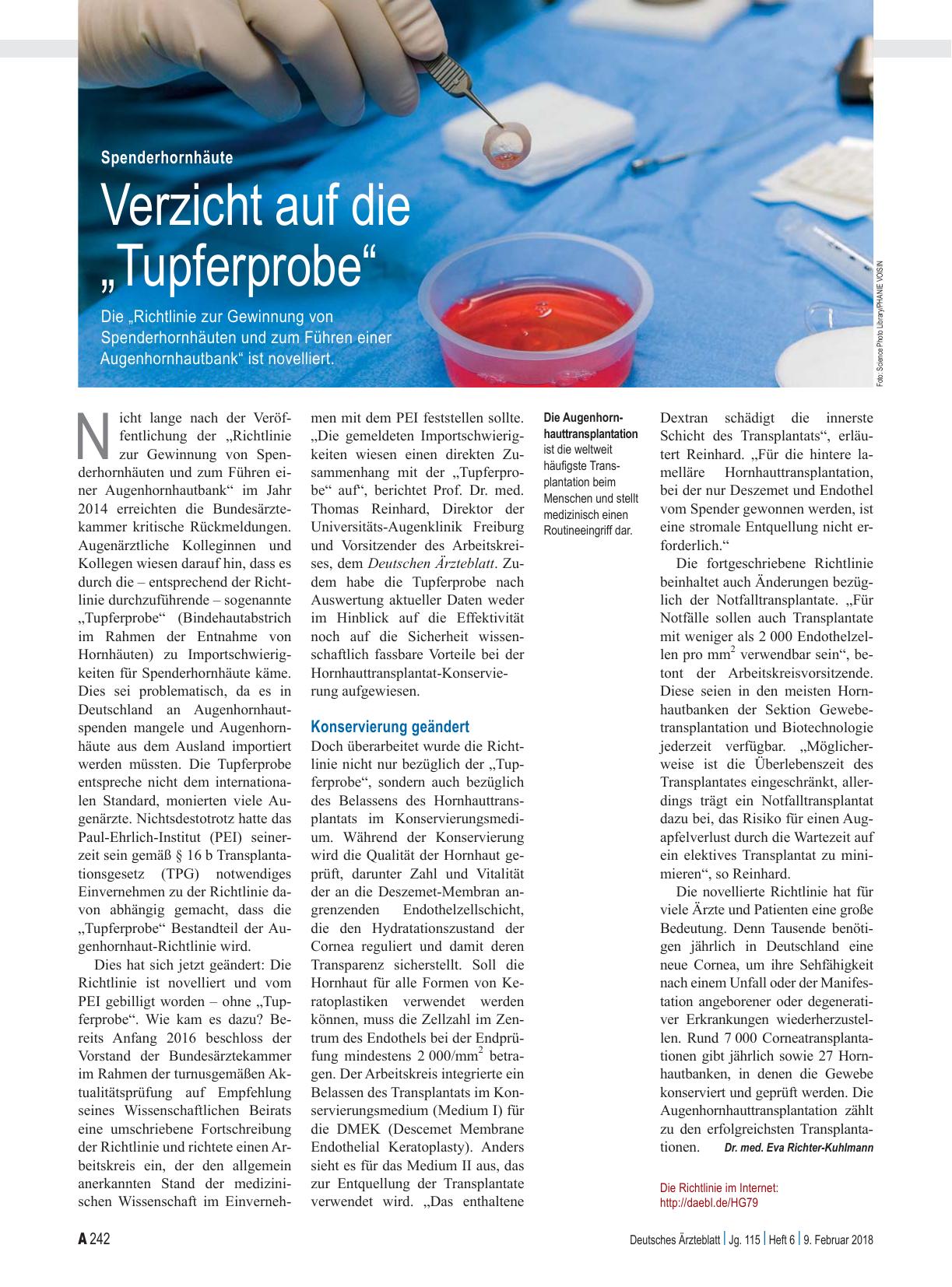 Vorschauseite 1: Spenderhornhäute: Verzicht auf die „Tupferprobe“