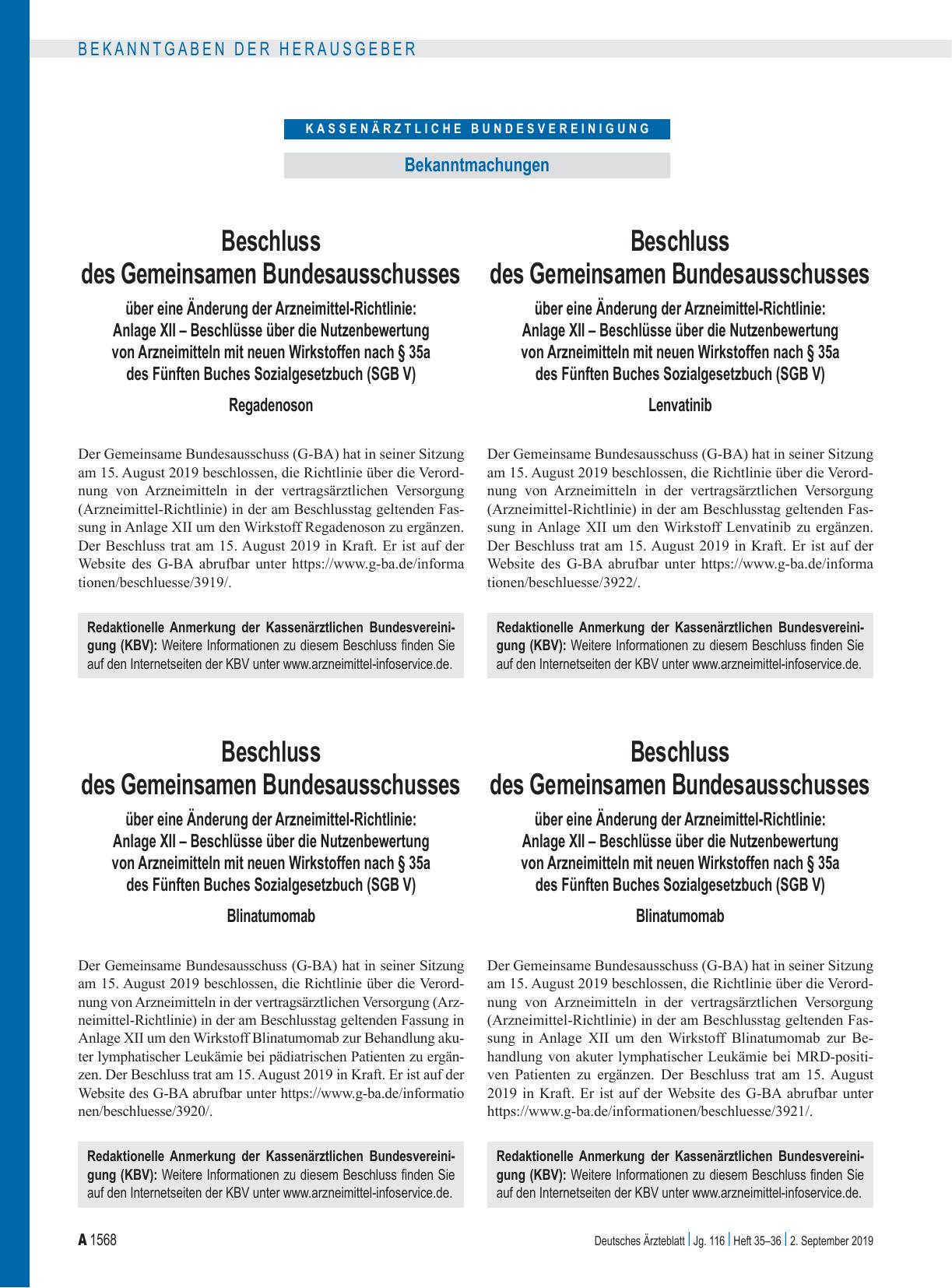 Vorschauseite 1: Beschluss des Gemeinsamen Bundesausschusses über eine Änderung der Arzneimittel-Richtlinie: Anlage XII – Lenvatinib
