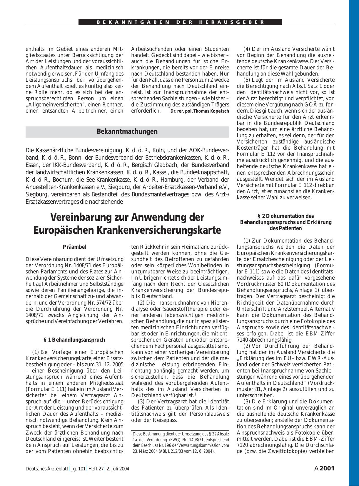 Vorschauseite 1: Bekanntmachungen: Vereinbarung zur Anwendung der Europäischen Krankenversicherungskarte