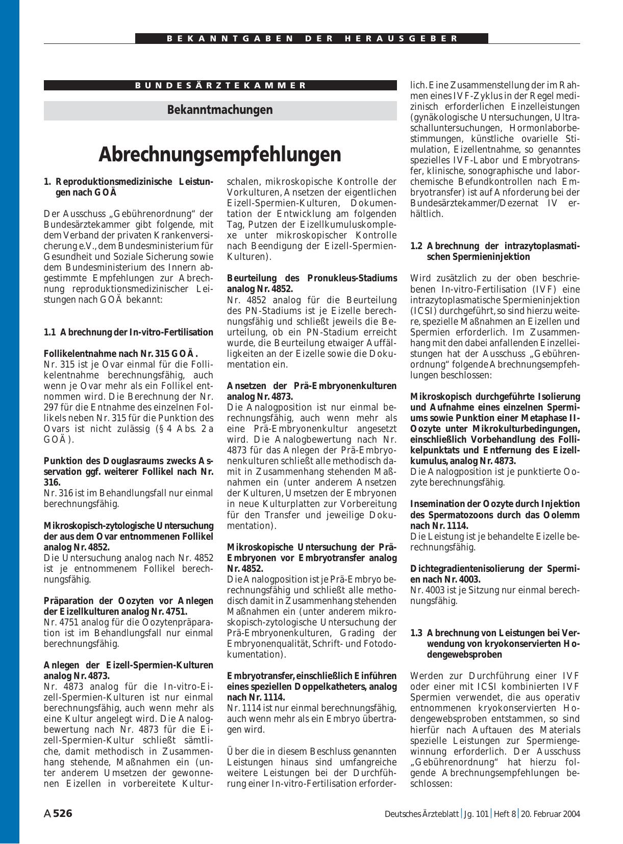 Vorschauseite 1: Bekanntmachungen: Abrechnungsempfehlungen