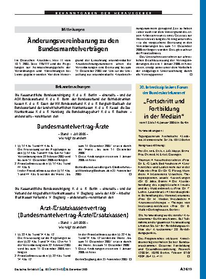 Vorschauseite 1: Bekanntmachungen: Änderung Bundesmantelvertrag-Ärzte – Stand: 1. Juli 2005 –