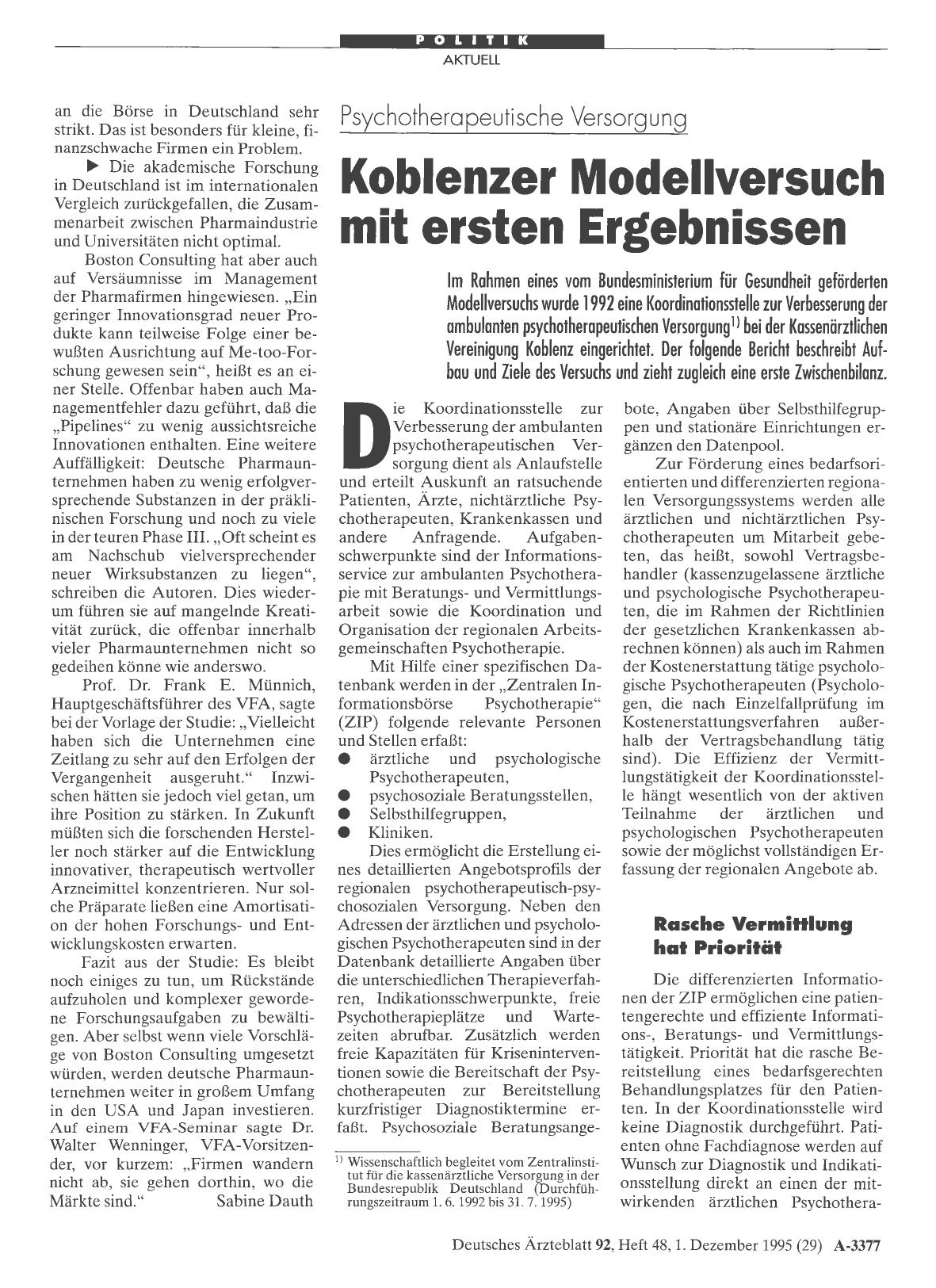 Vorschauseite 1: Psychotherapeutische Versorgung: Koblenzer Modellversuch mit ersten Ergebnissen