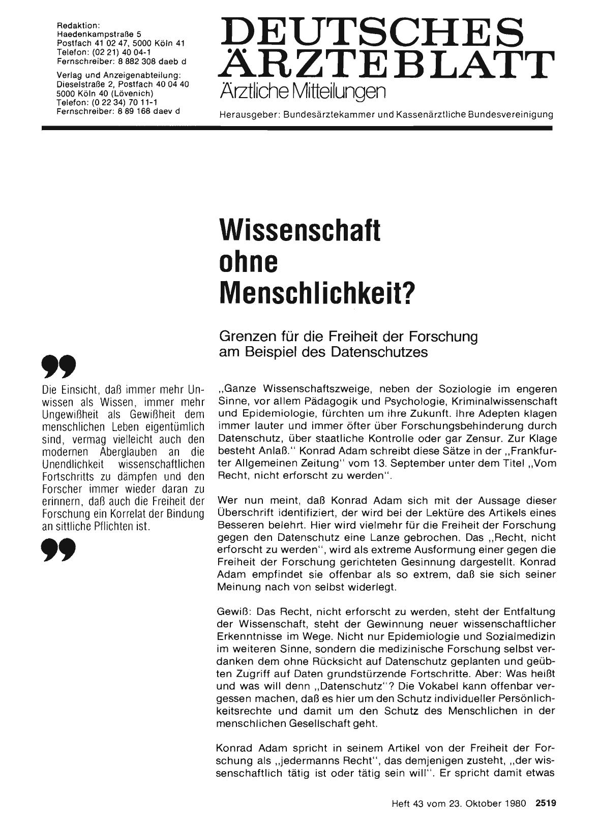 Vorschauseite 1: Wissenschaft ohne Menschlichkeit? : Grenzen für die Freiheit der Forschung am Beispiel des Datenschutzes