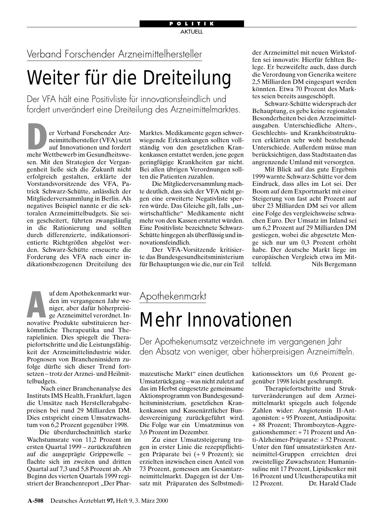 Vorschauseite 1: Apothekenmarkt: Mehr Innovationen