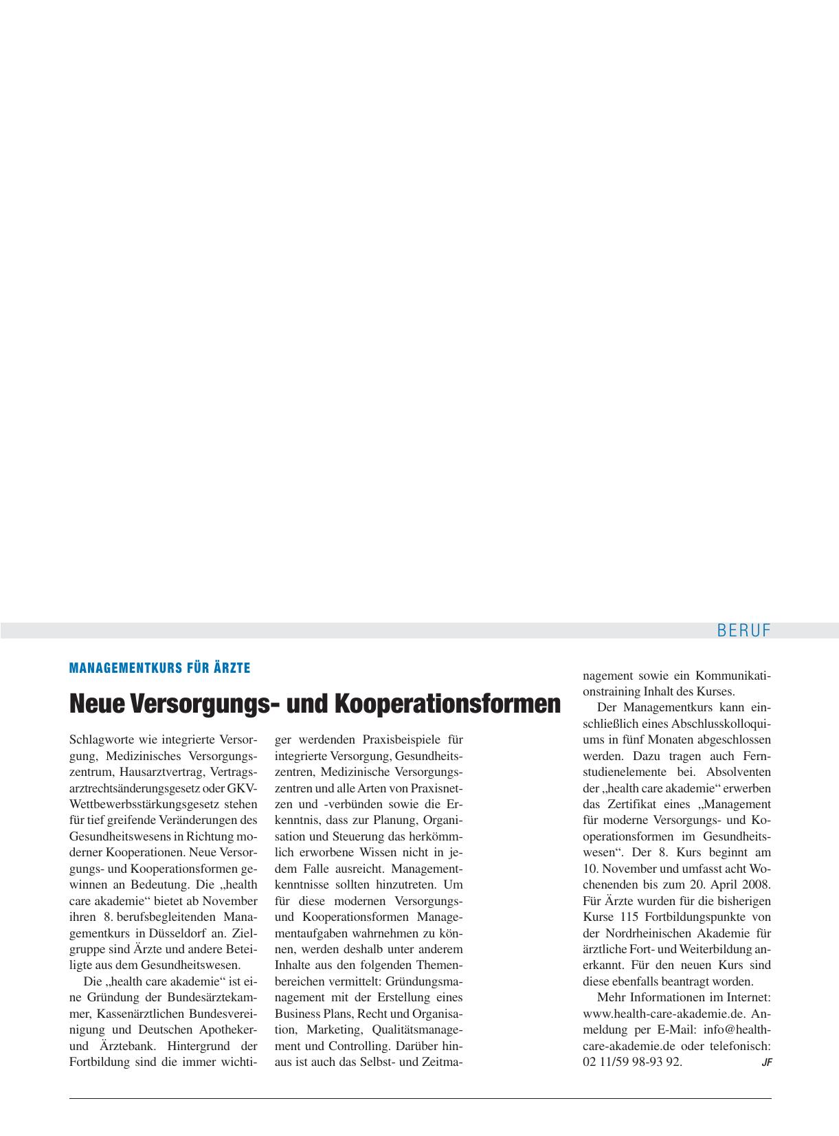 Vorschauseite 1: Managementkurs für Ärzte: Neue Versorgungsund Kooperationsformen